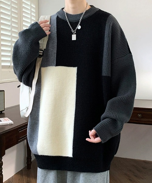 ROOPTOKYO(ループトウキョウ)の「クルーネック ブロッキングデザイン ニット(ニット/セーター・メンズ・ブラック/ベージュ/グリーン・M/L/XL)」の2枚目の写真