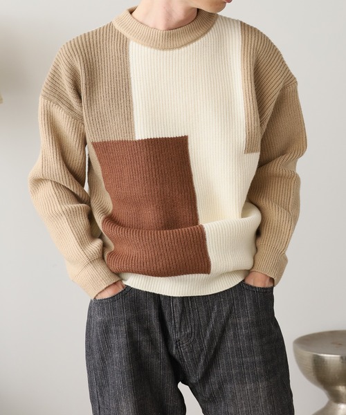ROOPTOKYO(ループトウキョウ)の「クルーネック ブロッキングデザイン ニット(ニット/セーター・メンズ・ブラック/ベージュ/グリーン・M/L/XL)」の12枚目の写真