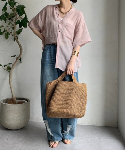 【DouDou】リネン半袖Vシャツ DouDou ブラウス シャツ リヨセルリネン半袖VVシャツ レディース