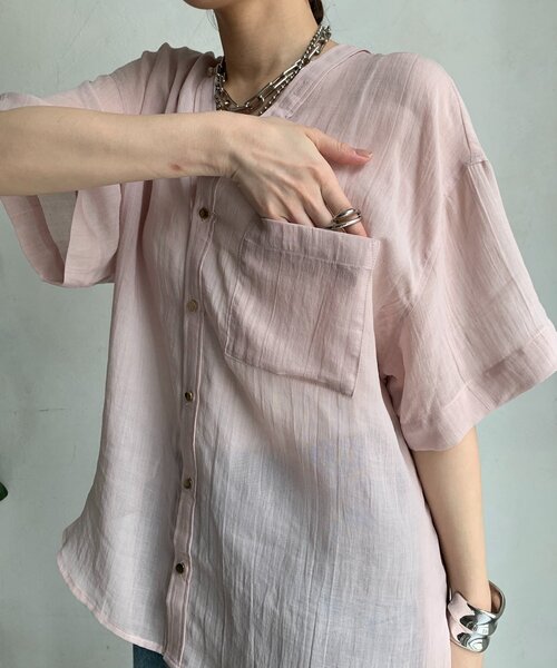 DouDou(ドゥドゥ)の「リヨセルリネン半袖VVシャツ(シャツ/ブラウス・レディース・ブラウン/ピンク/ブルー・FREE)」の7枚目の写真