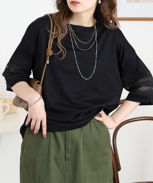 EGLANTINE(エグランティーヌ)の「EGLANTINE 袖レース7分袖カットソー(Tシャツ/カットソー・レディース・ブラック/チャコールグレー・38)」の5枚目の写真
