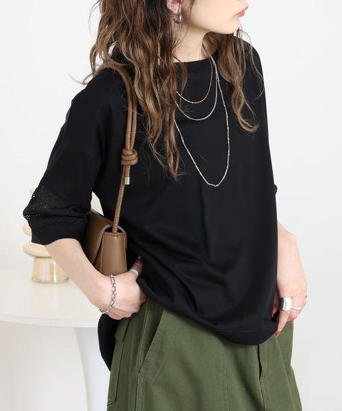EGLANTINE(エグランティーヌ)の「EGLANTINE 袖レース7分袖カットソー(Tシャツ/カットソー・レディース・ブラック/チャコールグレー・38)」の6枚目の写真