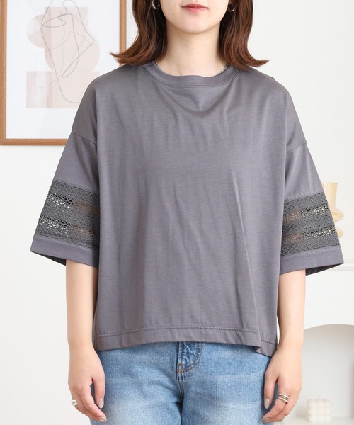EGLANTINE(エグランティーヌ)の「EGLANTINE 袖レース7分袖カットソー(Tシャツ/カットソー・レディース・ブラック/チャコールグレー・38)」の12枚目の写真