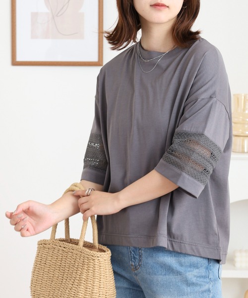 EGLANTINE(エグランティーヌ)の「EGLANTINE 袖レース7分袖カットソー(Tシャツ/カットソー・レディース・ブラック/チャコールグレー・38)」の10枚目の写真