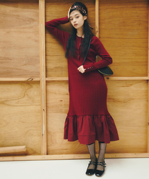 【洗える】裾ドッキングニットワンピース