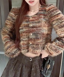 ラウンドネック シャギー ミックス ニット カーディガン