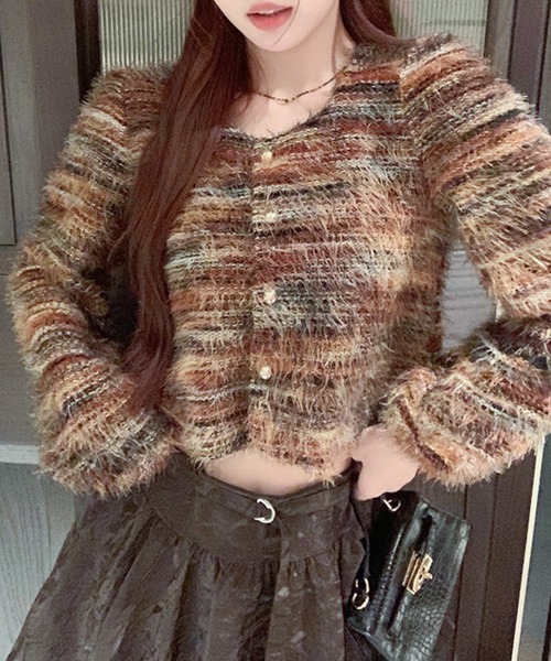 Lace Ladies(レースレディース)の「ラウンドネック シャギー ミックス ニット カーディガン(カーディガン/ボレロ・レディース・グレー/グリーン/ベージュ・FREE)」の2枚目の写真