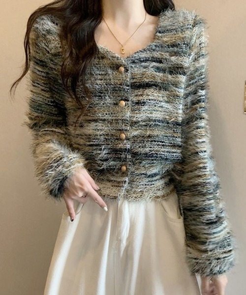 Lace Ladies(レースレディース)の「ラウンドネック シャギー ミックス ニット カーディガン(カーディガン/ボレロ・レディース・グレー/グリーン/ベージュ・FREE)」の3枚目の写真