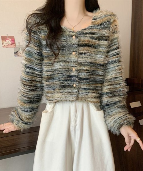 Lace Ladies(レースレディース)の「ラウンドネック シャギー ミックス ニット カーディガン(カーディガン/ボレロ・レディース・グレー/グリーン/ベージュ・FREE)」の4枚目の写真
