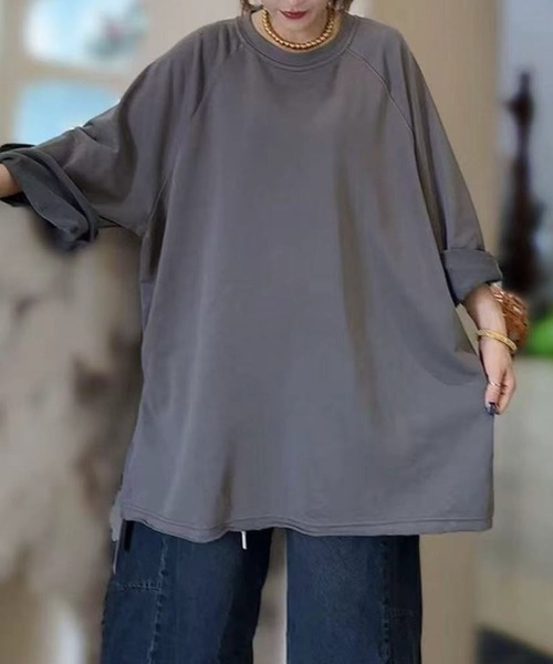 Lace Ladies(レースレディース)の「ソリッドカラー ラウンドネック チュニック プルオーバー(Tシャツ/カットソー・レディース・ブラック/グレー/ホワイト・FREE)」の3枚目の写真