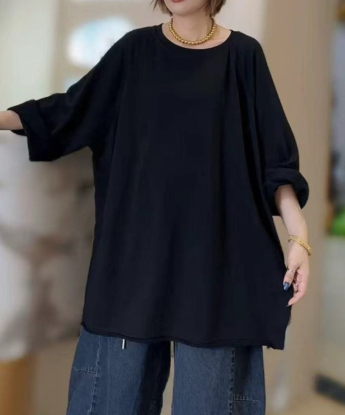 Lace Ladies(レースレディース)の「ソリッドカラー ラウンドネック チュニック プルオーバー(Tシャツ/カットソー・レディース・ブラック/グレー/ホワイト・FREE)」の2枚目の写真
