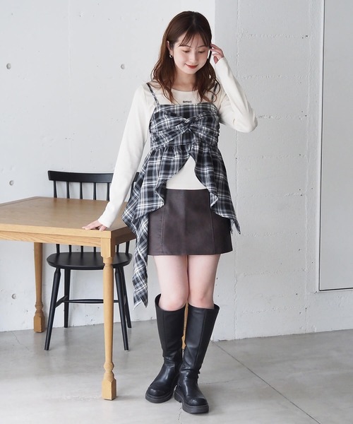 tiptop（ティップトップ）の「チェックアシメフリルキャミ（キャミソール・レディース・ブラック/ブラウン・FREE）」の7枚目の写真