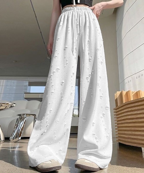 ホワイト ダメージ加工 ワイドパンツ TREEMINGBIRD ホワイト ダメージ