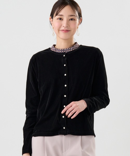 TOKYO SHIRTS（トウキョウシャツ）の「【Pitta Re:)】ニット ベロアドットボタン カーディガン（ニット/セーター・レディース・ブラウン/パープル/ブラック・M/L）」の2枚目の写真