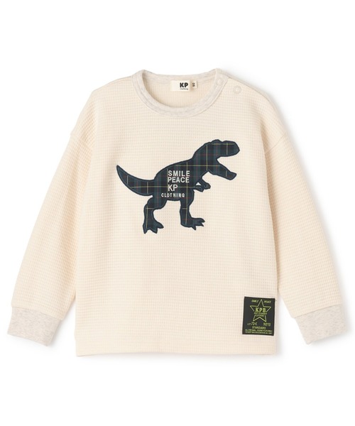 KP BOY(ケーピーボーイ)の「チェック恐竜アップリケ ワッフル長袖Tシャツ(Tシャツ/カットソー・キッズ・オフホワイト/ネイビー・90cm/110cm/100cm/120cm/130cm)」の1枚目の写真