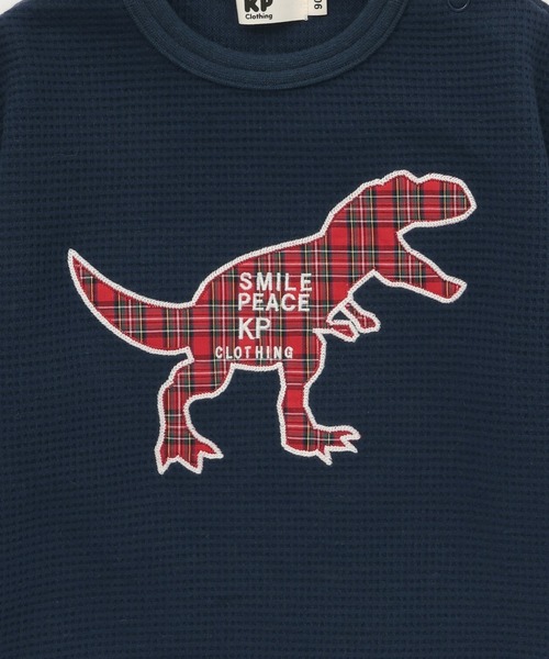 KP BOY(ケーピーボーイ)の「チェック恐竜アップリケ ワッフル長袖Tシャツ(Tシャツ/カットソー・キッズ・オフホワイト/ネイビー・90cm/110cm/100cm/120cm/130cm)」の5枚目の写真