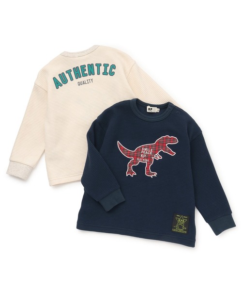 KP BOY(ケーピーボーイ)の「チェック恐竜アップリケ ワッフル長袖Tシャツ(Tシャツ/カットソー・キッズ・オフホワイト/ネイビー・90cm/110cm/100cm/120cm/130cm)」の9枚目の写真