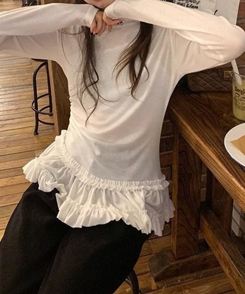 gossip!ロサンゼルス(ゴシップロサンゼルス)の「YUGA レース裾ケーキスカートトップス(Tシャツ/カットソー・レディース・ホワイト/ブラック・FREE)」の8枚目の写真