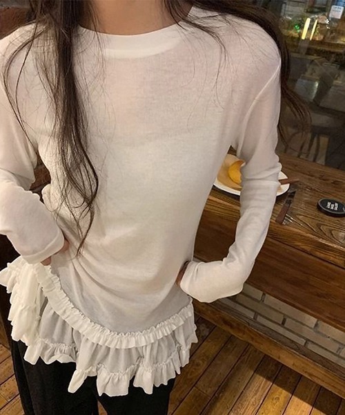 gossip!ロサンゼルス(ゴシップロサンゼルス)の「YUGA レース裾ケーキスカートトップス(Tシャツ/カットソー・レディース・ホワイト/ブラック・FREE)」の6枚目の写真