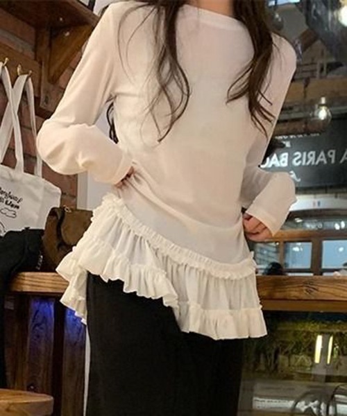 gossip!ロサンゼルス(ゴシップロサンゼルス)の「YUGA レース裾ケーキスカートトップス(Tシャツ/カットソー・レディース・ホワイト/ブラック・FREE)」の5枚目の写真