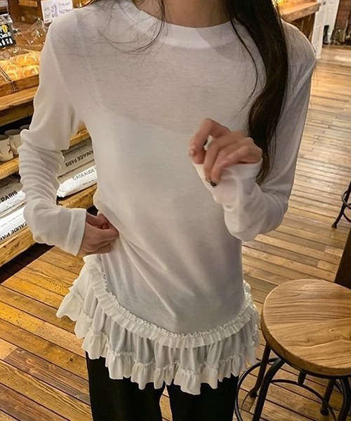 gossip!ロサンゼルス(ゴシップロサンゼルス)の「YUGA レース裾ケーキスカートトップス(Tシャツ/カットソー・レディース・ホワイト/ブラック・FREE)」の7枚目の写真