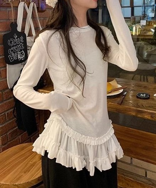 gossip!ロサンゼルス(ゴシップロサンゼルス)の「YUGA レース裾ケーキスカートトップス(Tシャツ/カットソー・レディース・ホワイト/ブラック・FREE)」の11枚目の写真