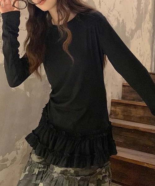 gossip!ロサンゼルス(ゴシップロサンゼルス)の「YUGA レース裾ケーキスカートトップス(Tシャツ/カットソー・レディース・ホワイト/ブラック・FREE)」の15枚目の写真