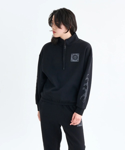 RVCA(ルーカ)の「RVCA レディース BAGGIE BF HALFZIP スウェットジャケット 【2025年秋冬モデル】 @autumn/ルーカハーフジップスウェットトレーナー(スウェット・レディース・ブラック/オフホワイト・SMALL/MEDIUM)」の1枚目の写真