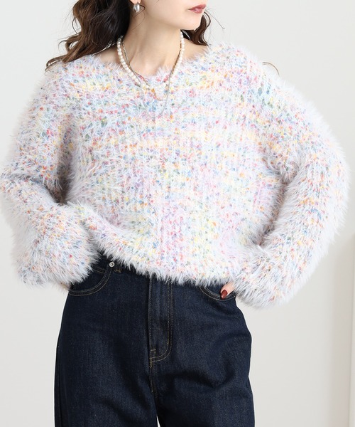 crossi(クロッシー)の「Crossi ミックスカラーシャギーニットプルオーバー(ニット/セーター・レディース・パープル/ホワイト/グレー・FREE)」の3枚目の写真