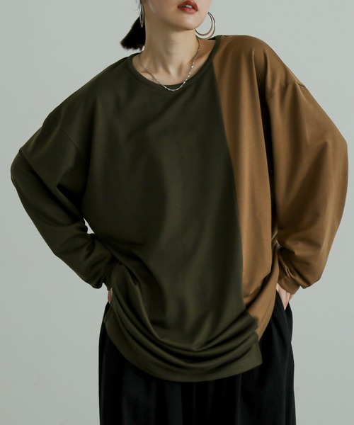 n'OrLABEL(ノアールレーベル)の「『身頃切替タック袖T長袖』(Tシャツ/カットソー・レディース・ブラック/カーキ/グレー・FREE)」の3枚目の写真