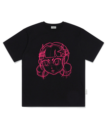 ドローイングスターガールプリントオーバーサイズ半袖Tシャツブラック
