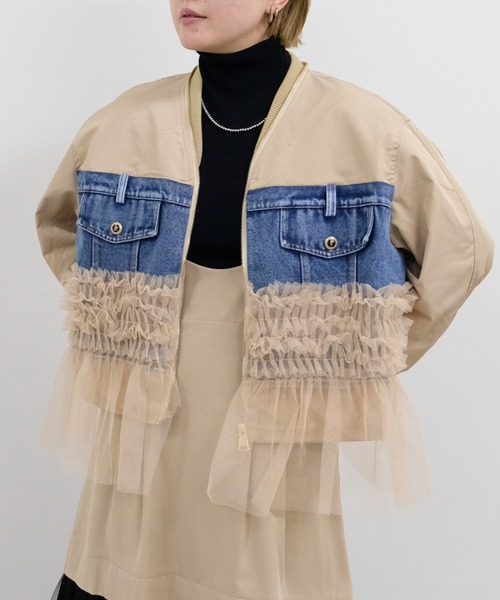 DOLLUPOOPS（ドールアップウップス）の「チュールミックスMA-1ブルゾン（MA-1・レディース・カーキ/ライトベージュ/ブラック/グリーン・FREE）」の3枚目の写真