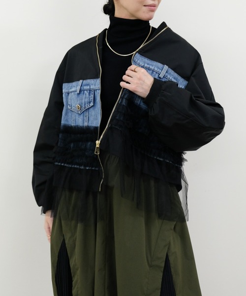 DOLLUPOOPS（ドールアップウップス）の「チュールミックスMA-1ブルゾン（MA-1・レディース・カーキ/ライトベージュ/ブラック/グリーン・FREE）」の2枚目の写真