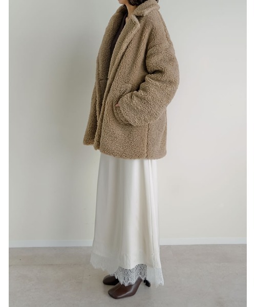 Re:EDIT（リエディ）の「[2025 WINTER PRE ORDER]オーバーサイズボアダブルミドルチェスターコート（チェスターコート・レディース・アイボリー/グレー/ブラウン/ベージュ・MEDIUM/LARGE）」の9枚目の写真