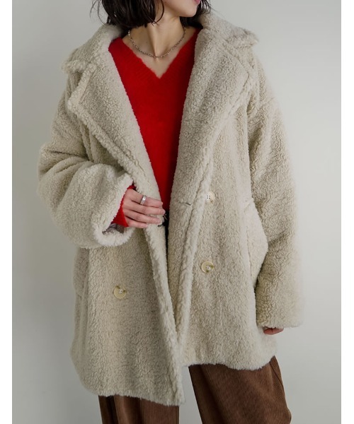 Re:EDIT（リエディ）の「[2025 WINTER PRE ORDER]オーバーサイズボアダブルミドルチェスターコート（チェスターコート・レディース・アイボリー/グレー/ブラウン/ベージュ・MEDIUM/LARGE）」の19枚目の写真