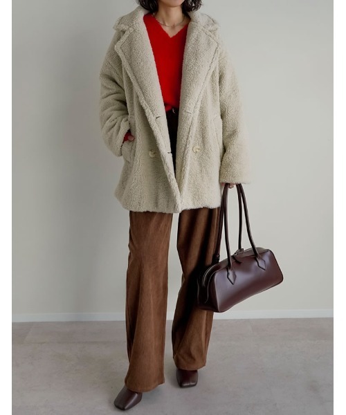Re:EDIT（リエディ）の「[2025 WINTER PRE ORDER]オーバーサイズボアダブルミドルチェスターコート（チェスターコート・レディース・アイボリー/グレー/ブラウン/ベージュ・MEDIUM/LARGE）」の16枚目の写真
