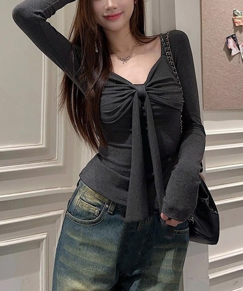 Nia(ニア)の「Nia(ニア)/リボンデザイン クロップド長袖カットソー(Tシャツ/カットソー・レディース・レッド/グレー・SMALL/MEDIUM)」の13枚目の写真
