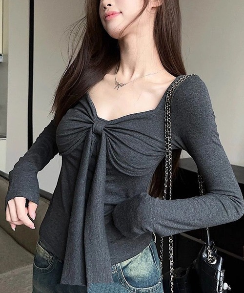 Nia(ニア)の「Nia(ニア)/リボンデザイン クロップド長袖カットソー(Tシャツ/カットソー・レディース・レッド/グレー・SMALL/MEDIUM)」の14枚目の写真