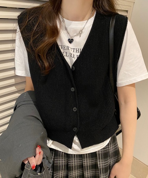 Miniministore（ミニミニストア）の「リブニットベスト前開きニットジレVネック（ベスト・レディース・マスタード/ライトベージュ/ダークベージュ/アイボリー/ブラック・FREE）」の2枚目の写真