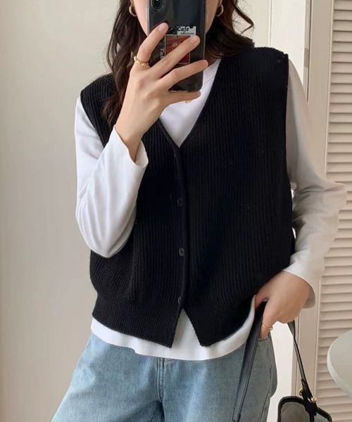Miniministore（ミニミニストア）の「リブニットベスト前開きニットジレVネック（ベスト・レディース・マスタード/ライトベージュ/ダークベージュ/アイボリー/ブラック・FREE）」の12枚目の写真