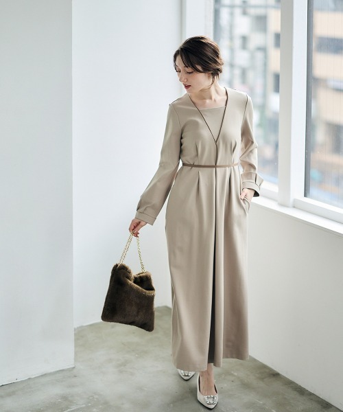 12Twelve Agenda（トゥエルブ　アジェンダ）の「配色パイピングカットソーフレアワンピース（ワンピース・レディース・ブラック/グレイッシュベージュ/ミント・M）」の2枚目の写真