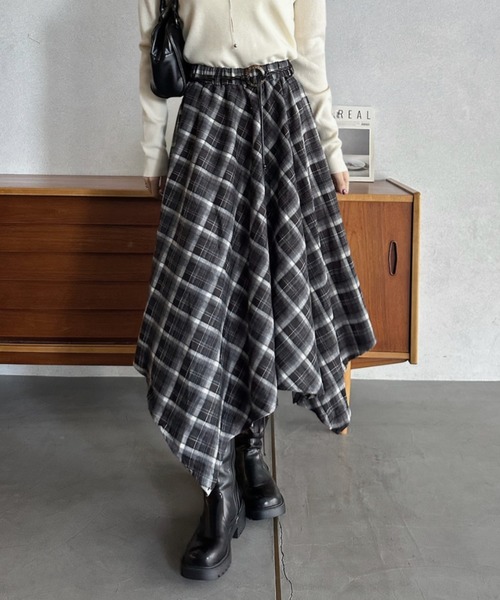 セール】【Eclat one】アシンメトリー チェック柄 ロング スカート