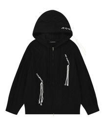 Cable Knit Hood Zip-up Black
