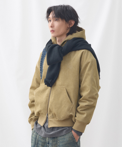 ヴィンテージフードパーカー春用ボンバージャケット - ベージュ