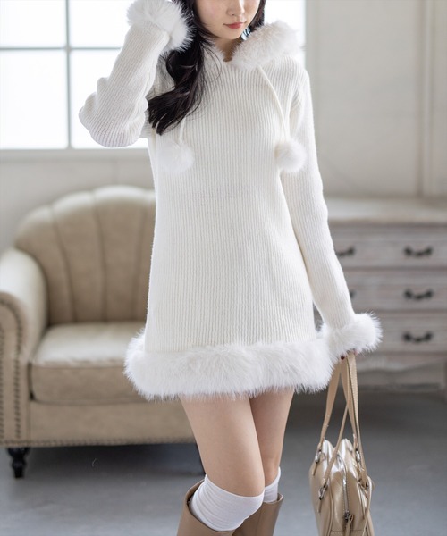 clear（クリア）の「ファーフードニットワンピース[着回し力抜群 ガーリー]（ワンピース・レディース・アイボリー/グレー・F）」の6枚目の写真