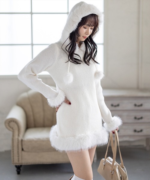 clear（クリア）の「ファーフードニットワンピース[着回し力抜群 ガーリー]（ワンピース・レディース・アイボリー/グレー・F）」の5枚目の写真