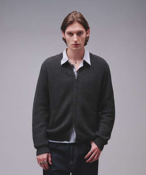 Regen Glanz(レーゲングランツ)の「crewneck knit zip jacket / クルーネックニットジップジャケット(カーディガン/ボレロ・メンズ・チャコールグレー/ワインレッド・SMALL/MEDIUM/LARGE)」の4枚目の写真