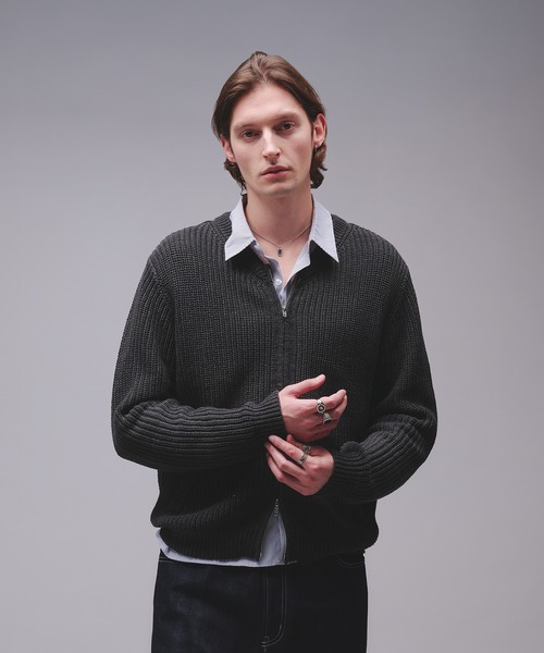 Regen Glanz(レーゲングランツ)の「crewneck knit zip jacket / クルーネックニットジップジャケット(カーディガン/ボレロ・メンズ・チャコールグレー/ワインレッド・SMALL/MEDIUM/LARGE)」の5枚目の写真