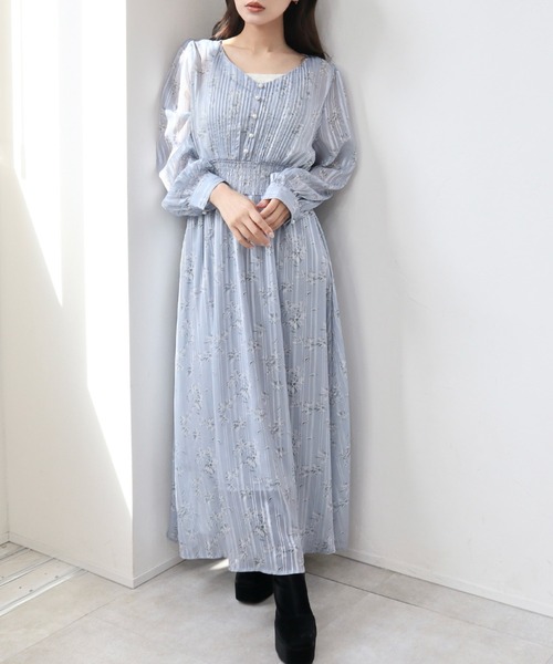 CECIL McBEE(セシルマクビー)の「胸元プリーツワンピース(ワンピース・レディース・ネイビー/ライトグレー・MEDIUM)」の1枚目の写真