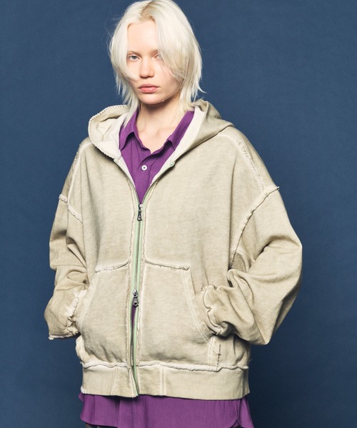 UNISEX》Over-Dye Embroidery Prime-Over Sweat Zip Hoodie/オーバー